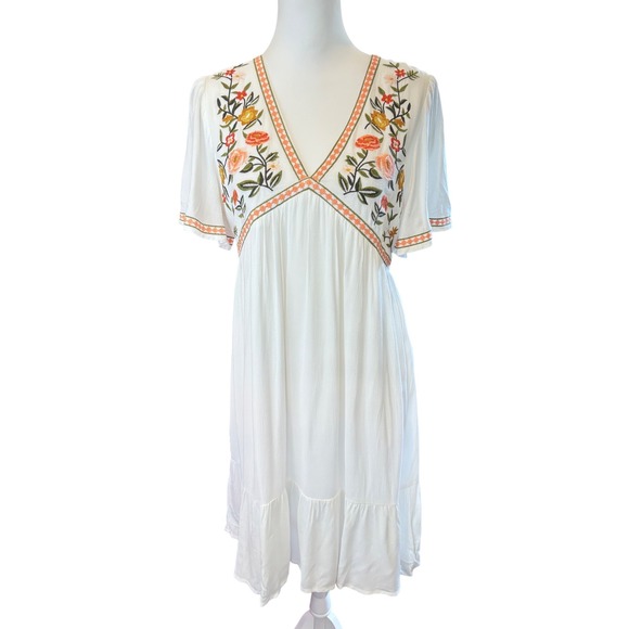 In Loom White Floral Embroidered Boho Cottagecore V-Neck Tiered Midi Dress Large - Picture 2 of 15